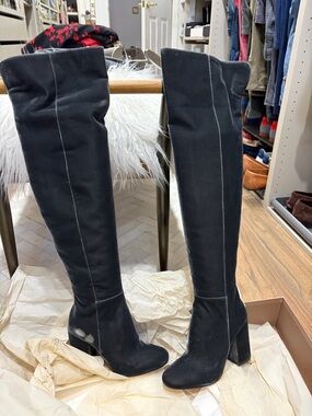 Over-the-Knee Teal Velvet Block Heel Boots